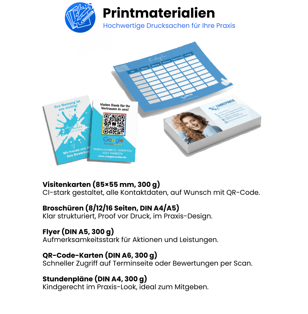 Printmaterialien für Praxen – Visitenkarten, Flyer und Broschüren im einheitlichen CI-Design für Arztpraxen